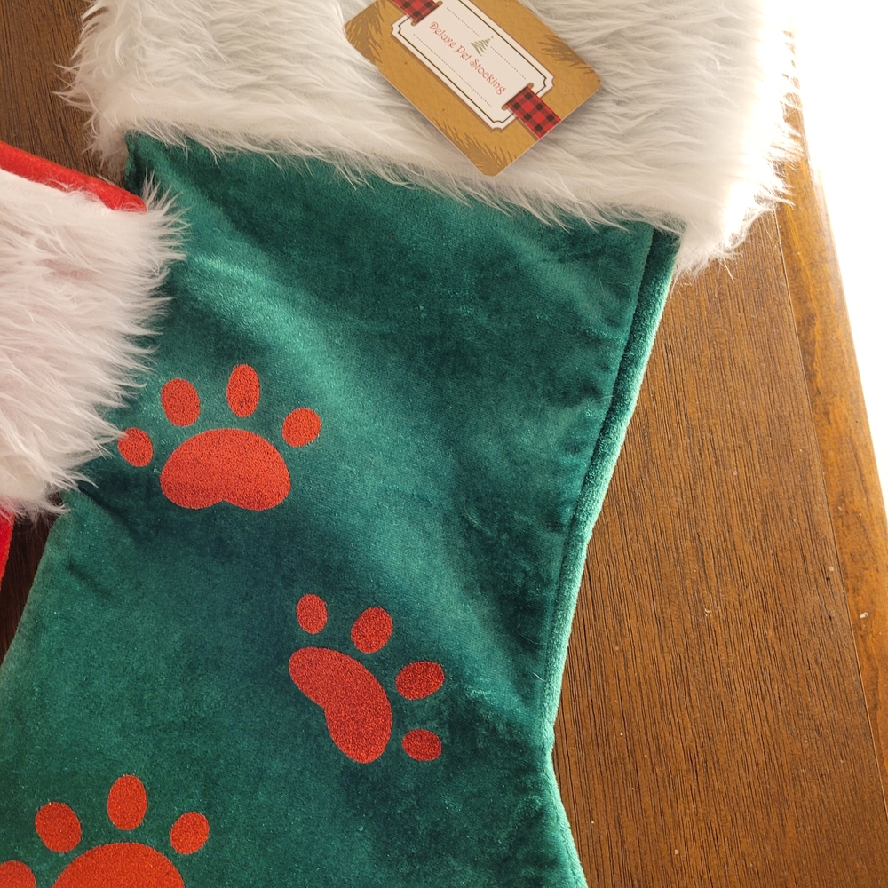 2 Dog Cat Pet Paw Print Christmas Stockings 1 Red 1 Green Furry Top Glitter Paws - Picture 4 of 5